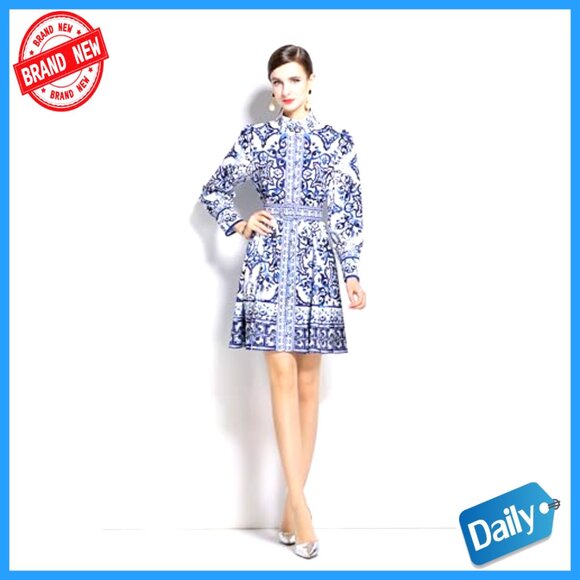 Floral Print Button Up Long Sleeve Mini Dress with Belt Casual A-Line Chic - Picture 2 of 6